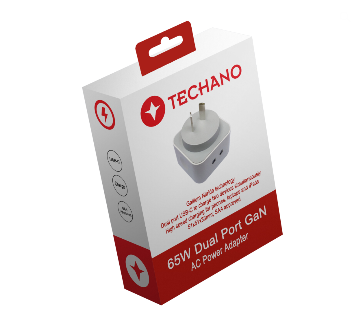 Techano 65w Dual Port GaN AC Power Adapter