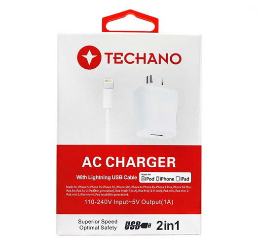 Techano AC Charger With IPhone MFI Lightning Cable 2.1 AMP