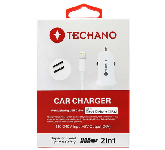 Techano Car Charger with MFI Lightning USB Cable