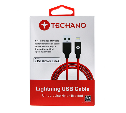 Techano - iPhone Nylon Braided MFI Lightning Cable - Hot Red