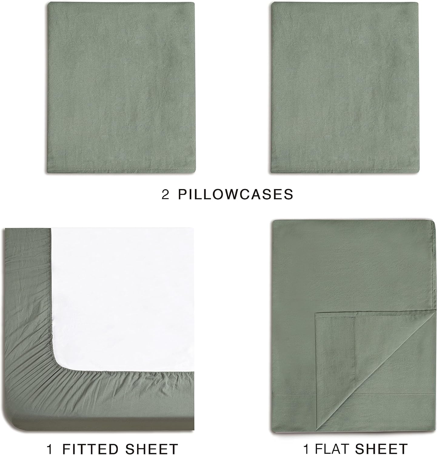 Vintage Washed Microfibre Sheet Set with 2 Pillowcases - Khaki Green - Double