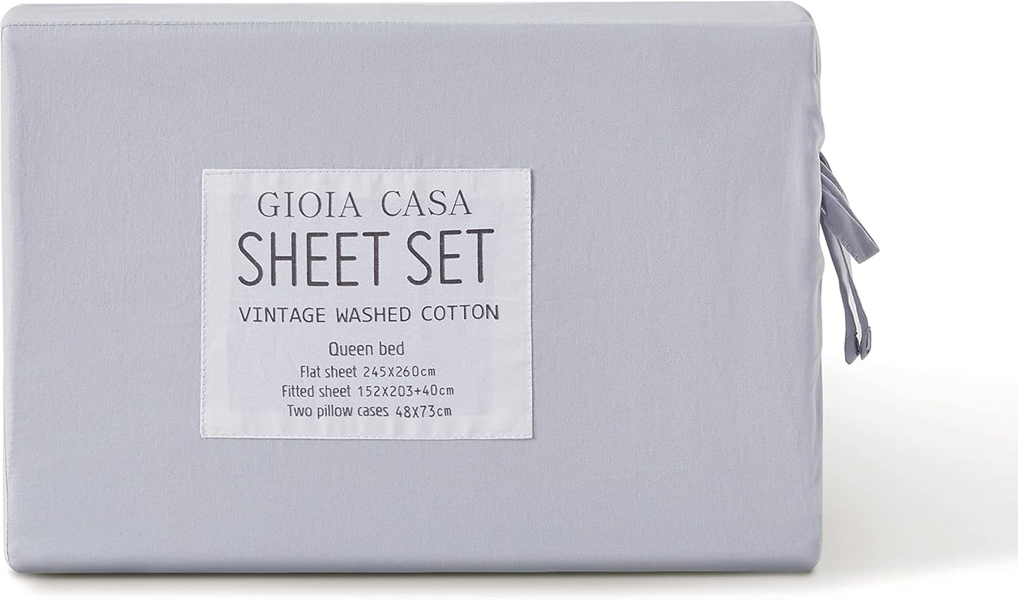 Vintage Washed 100% Cotton Sheet Set with 2 Pillowcases - Silver - King Single