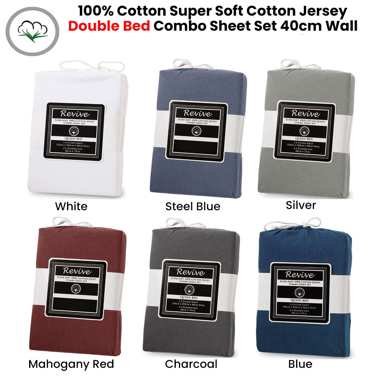 Revive Blue 100% Cotton Jersey Super Soft Fitted Sheet Combo Set Double 38cm Wall