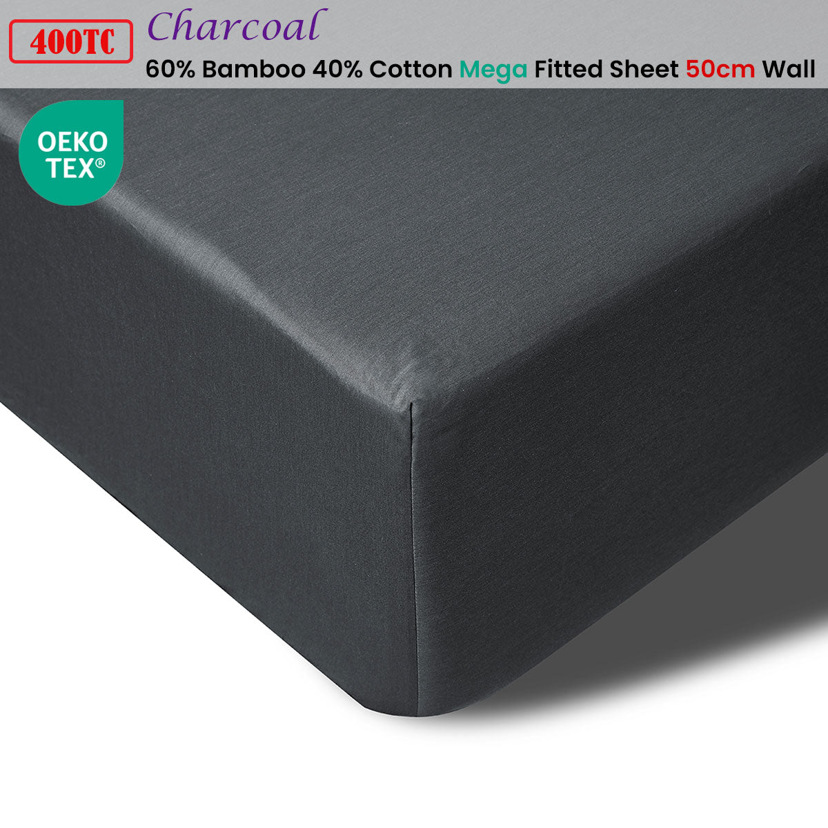 Accessorize 400TC Charcoal Bamboo Cotton Mega / Super Fitted Sheet 50cm Wall Queen