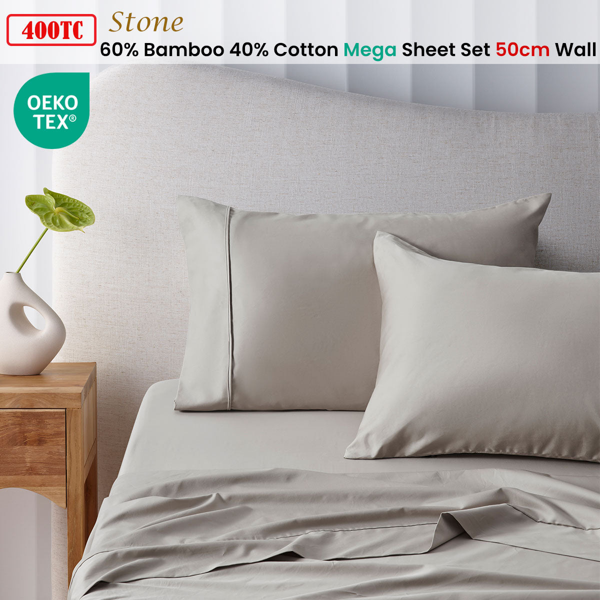 Accessorize 400TC Stone Bamboo Cotton Mega / Super Sheet Set 50cm Wall Queen