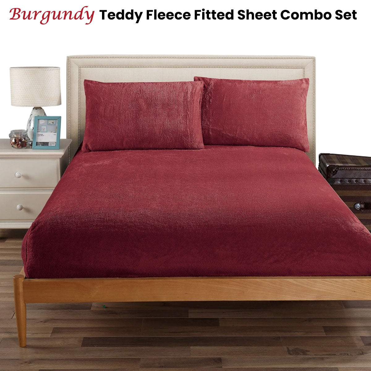 Ramesses Teddy Fleece Fitted Sheet Combo Set Burgundy Queen